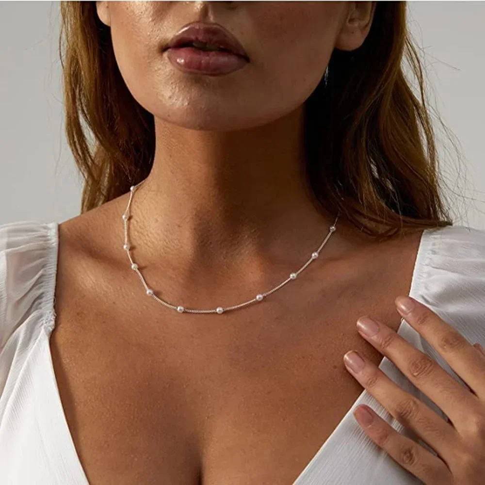 Dainty Pearl Choker Necklace for Women 14K Gold Plated Pearl Necklaces Simple - Picture 3 of 5